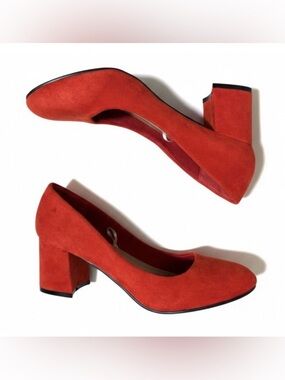 Jess’up | Elegant Faux Suede Red Block Heel Pumps Oval Toe